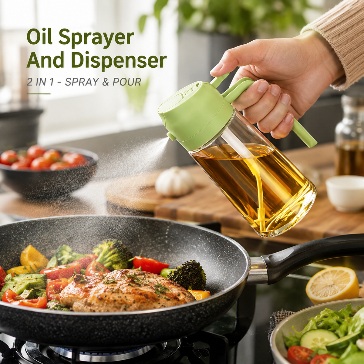 Oil sprayer dispensing a fine mist over a frying pan