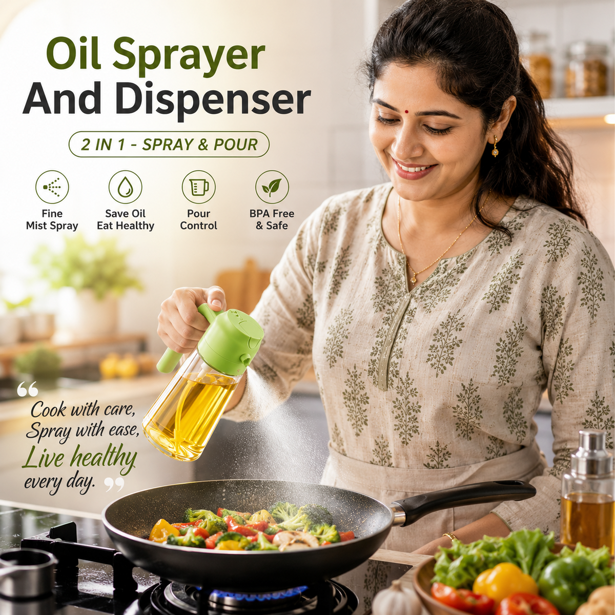 Woman using 2-in-1 oil sprayer and dispenser while cooking