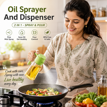 Woman using 2-in-1 oil sprayer and dispenser while cooking