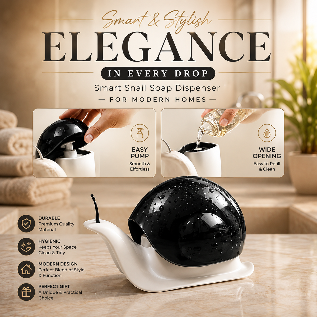 Cartberry snail soap dispenser features and design