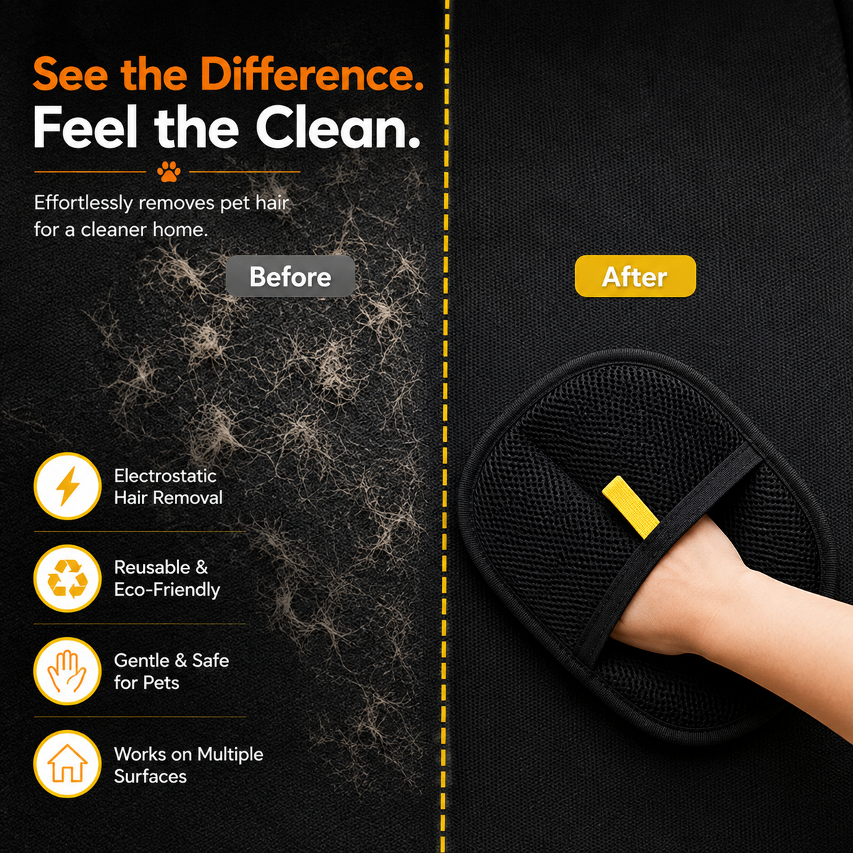 Electrostatic hair removal glove before and after comparison