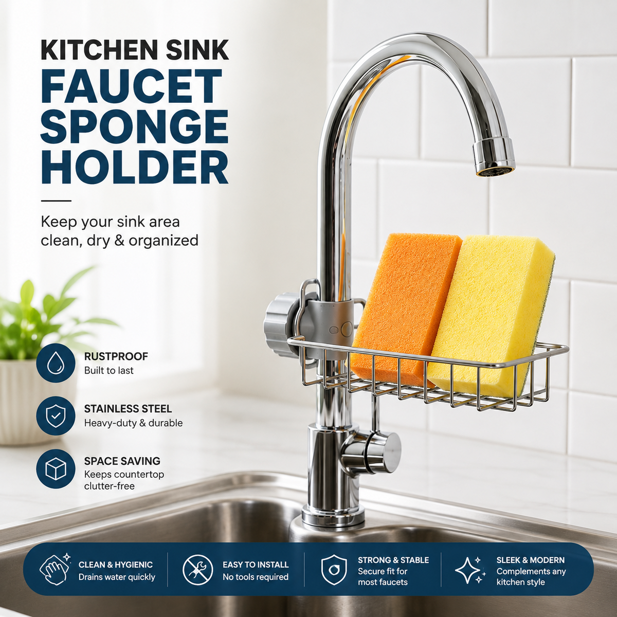Kitchen sink faucet sponge holder with sponges