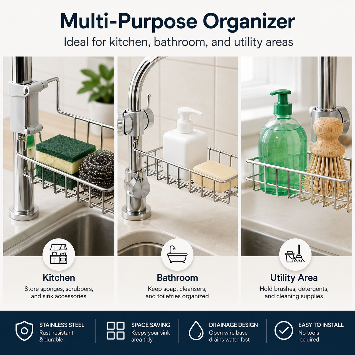 Multi-purpose organizer for kitchen bathroom and utility area
