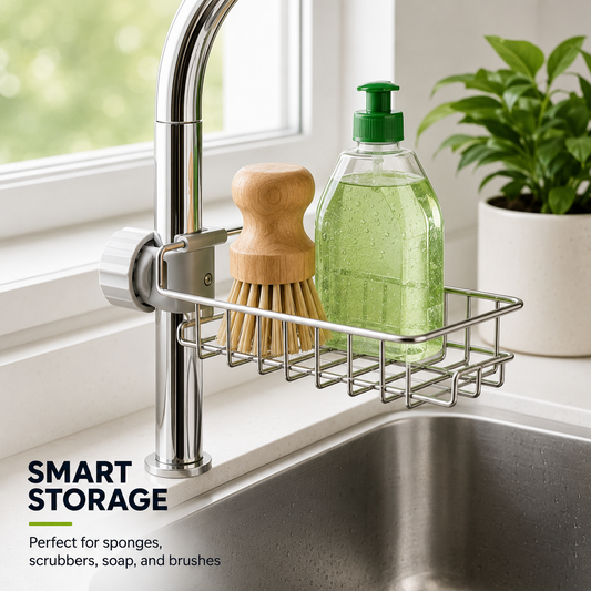 Faucet sponge holder storing soap and cleaning brush