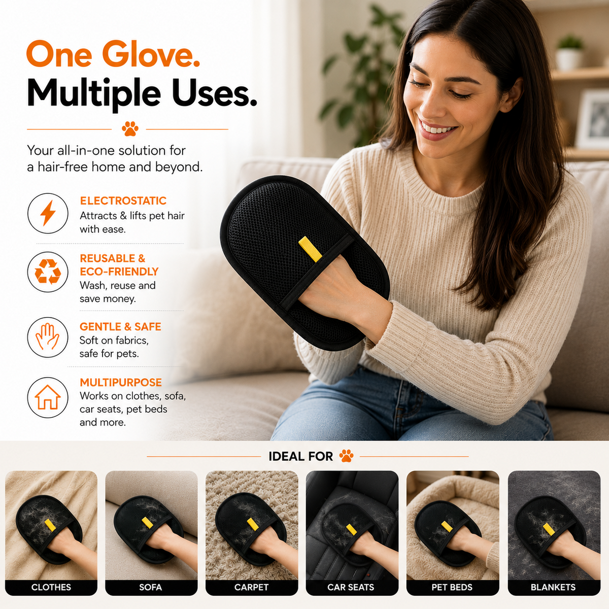 Reusable multipurpose pet hair removal glove