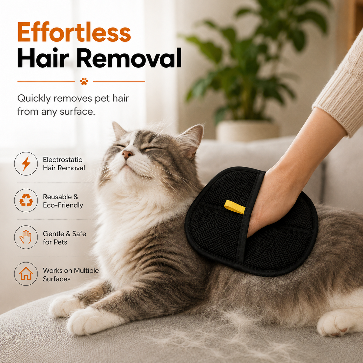 Pet owner grooming a cat with the hair removal glove
