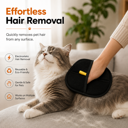Pet owner grooming a cat with the hair removal glove