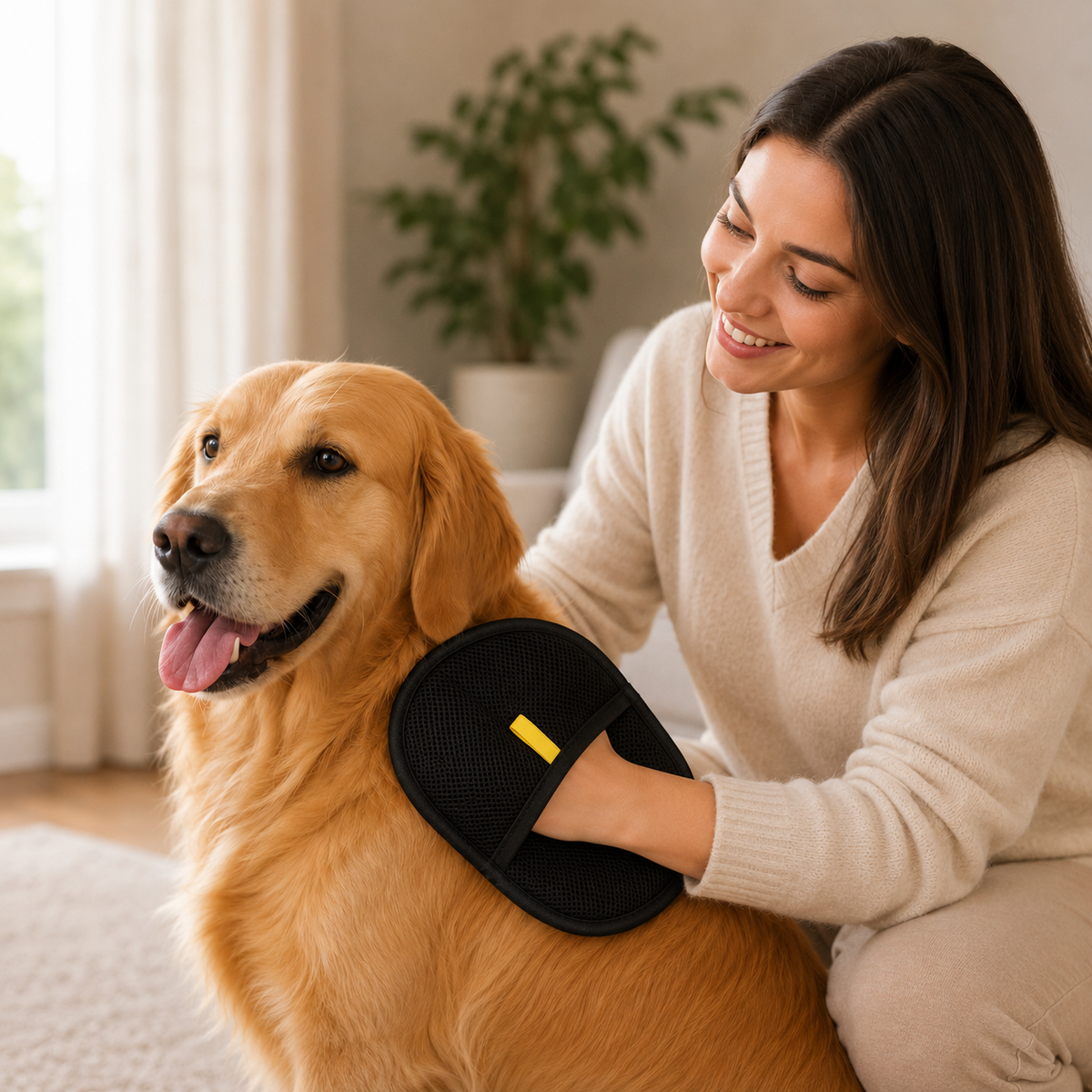 Pet owner grooming a dog with the hair removal glove