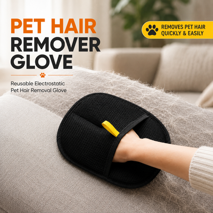 Electrostatic pet hair remover glove cleaning a sofa