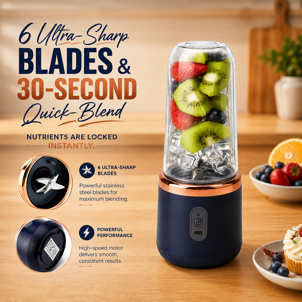 Portable blender with six stainless steel blades and quick blending