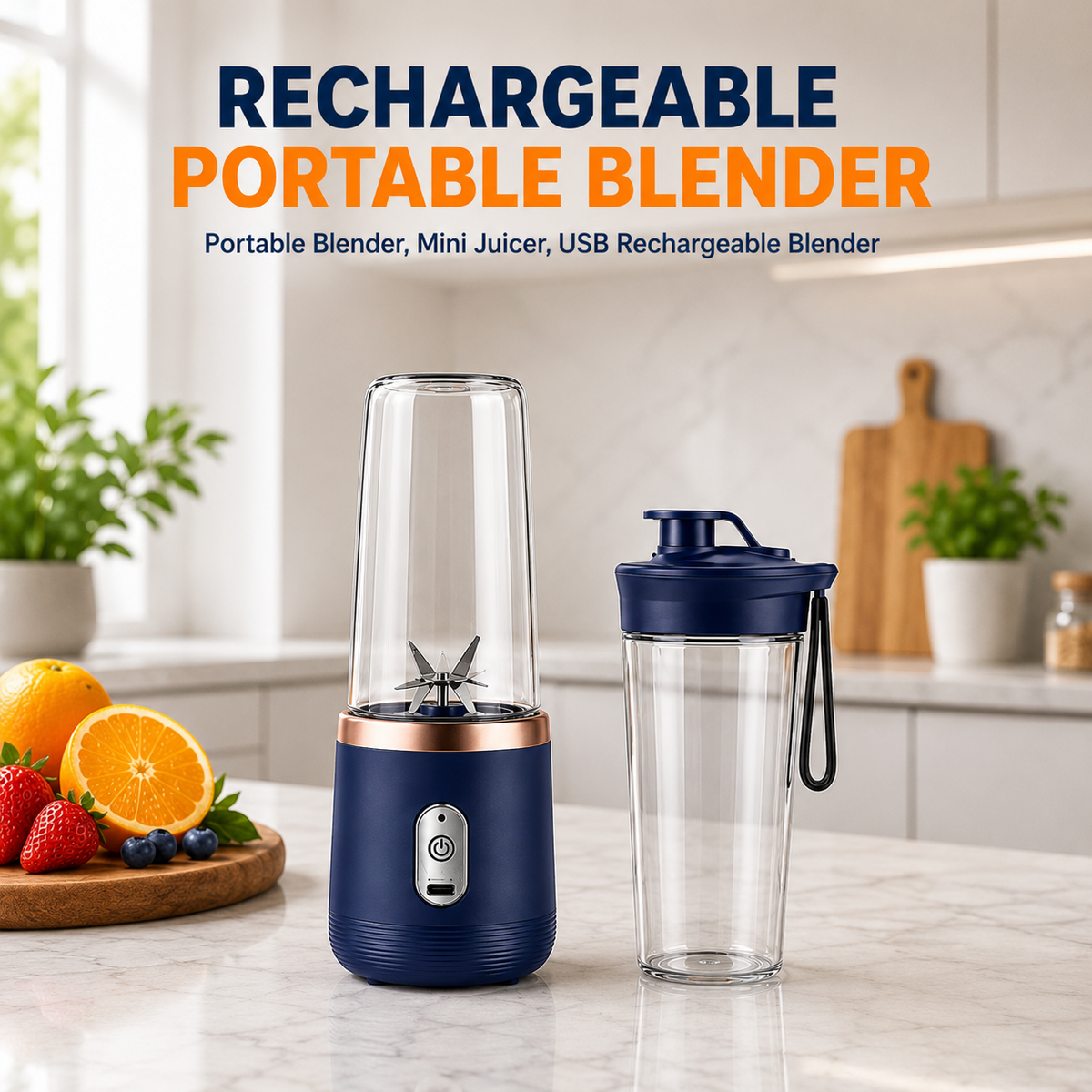 Rechargeable portable blender with travel drinking cup