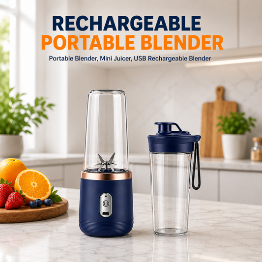 Rechargeable portable blender with travel drinking cup