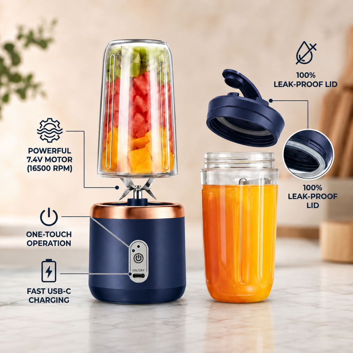 Portable blender motor, one-touch operation and leak-proof lid features