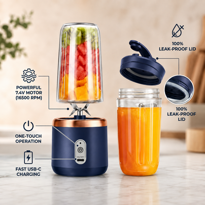 Portable blender motor, one-touch operation and leak-proof lid features